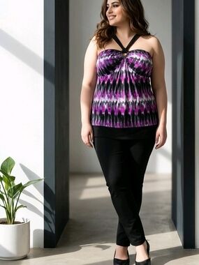 Y2K Halter Plus X Front Abstract Print Purple Black Stretch Clubwear Office